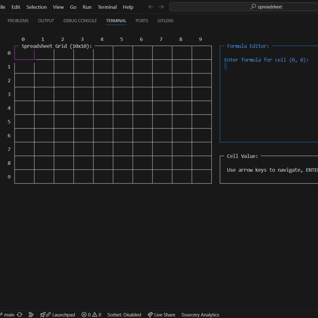 Screenshot of the terminal-based spreadsheet application